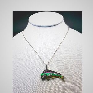 Vintage 925 Sterling Silver Enamel  Dolphin Fish Pendant Necklace 20 Inch Italy